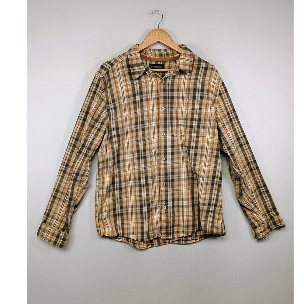 Rugged Gorpcore Brothers/Sons Mens XL Tan Brown Plaid Cotton Lyocell Button Down
